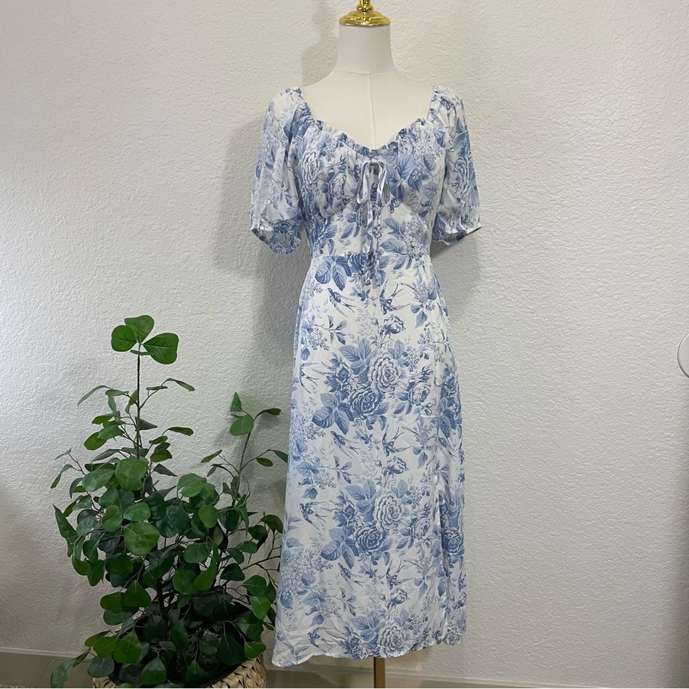 Baltic Born Blue & White Floral Puff Sleeve Midi Dress – Women’s Small